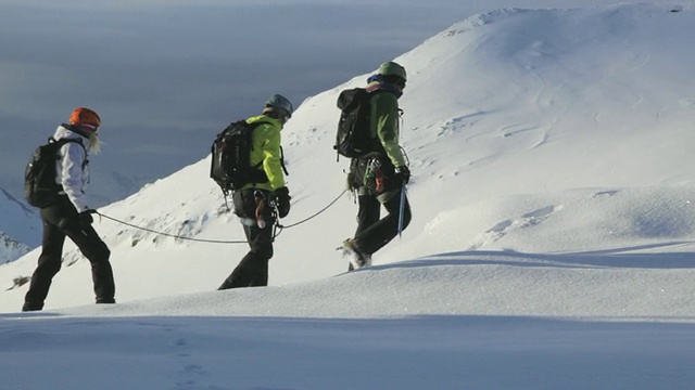 三名登山运动员在奥地利阿尔卑斯山/斯图拜冰川的积雪上徒步旅行视频素材