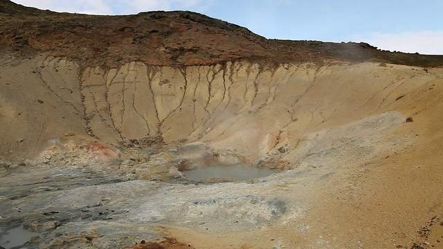 冰岛雷克雅尼斯半岛Krysuvik地热区，被橙色的岩石和蒸汽包围的地热热点中冒出的蒸汽视频素材