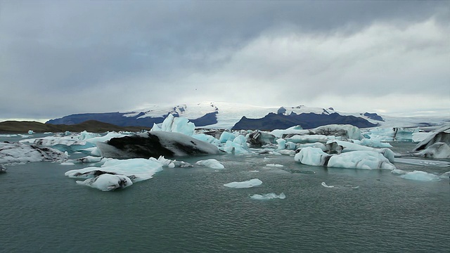 这是冰岛Jokulsarlon冰川泻湖山脉前的冰山，鸟儿在斯卡夫塔菲尔国家公园和霍夫之间飞翔的场景视频素材