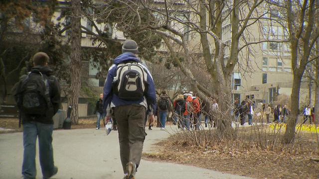 MS PAN学生在冬天行走在大学校园/多伦多，安大略省，加拿大视频素材