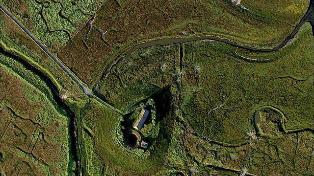 AERIAL WS ZI View of house in grass field near river / Langeness，石勒苏益格-荷尔斯泰因，德国视频素材