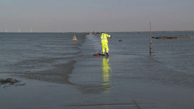 法国大陆和noirmoutier岛之间的WS潜水道路，在交通前清洁道路的人/ noirmoutier，旺代，法国视频素材