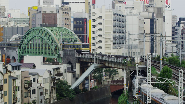 在日本东京到东京的铁路桥上行驶的WS列车视频素材