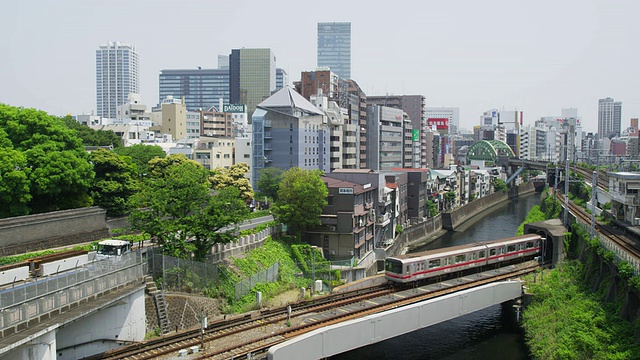 在日本东京到东京的铁路桥上行驶的WS列车视频素材