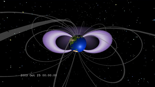 在2003年万圣节太阳风暴事件产生的高能粒子波的作用下，地球辐射带的结构发生了显著的变化。视频素材