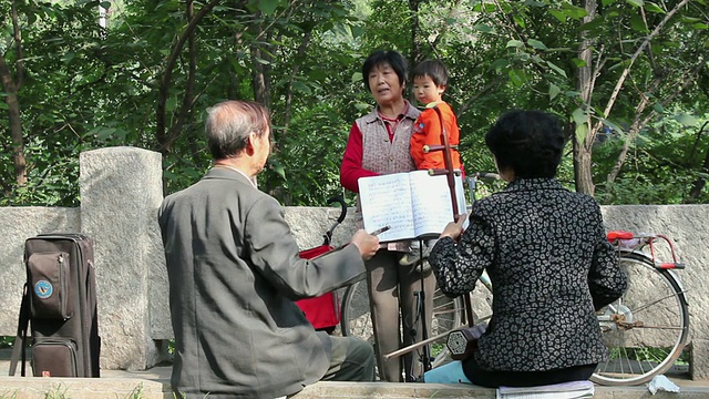 在中国陕西西安的公园里表演传统戏曲的人们视频素材