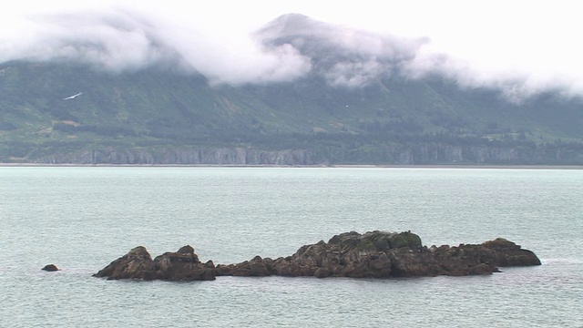 美国，阿拉斯加，卡特迈国家公园，洛基岛在海湾，低云和雾在山的背景视频素材