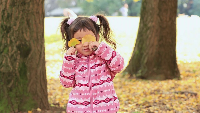 MS Little girl playing autumn leaves /世田谷，东京，日本视频素材