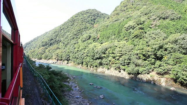 WS POV列车通过附近的河流和山/岚山，日本京都视频素材