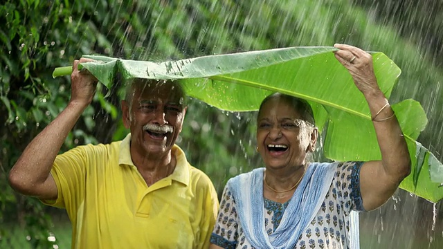 老夫妇在雨中享受视频素材