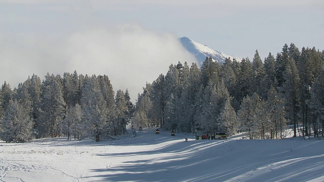 WS Skidoos驾驶在雪地森林景观/黄石国家公园，怀俄明州，联合视频素材