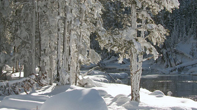 美国怀俄明州黄石国家公园的一些雪落进了河里视频素材