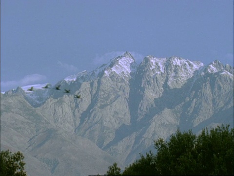 欧洲鹤(Grus Grus)飞行，山区背景，埃斯特雷马杜拉东北部，Dehesa，西班牙视频素材