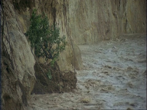 河水从洪水中暴涨，流经岩石山谷，树木和土壤跌落岩石面，玛纳池，津巴布韦视频素材