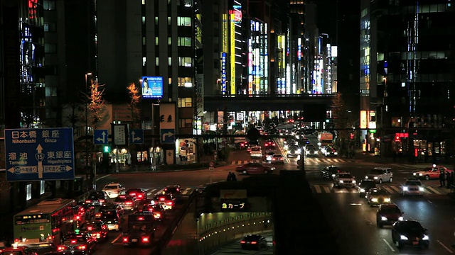 MS T/L夜间照明城市和道路上的移动交通/银座，东京，日本视频素材