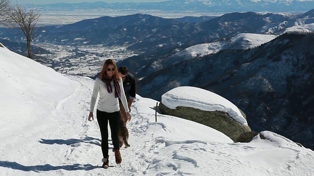 潘夫妇走在雪地上，遇见了狗视频素材