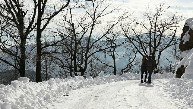 男人和女人一起走在雪地上视频素材