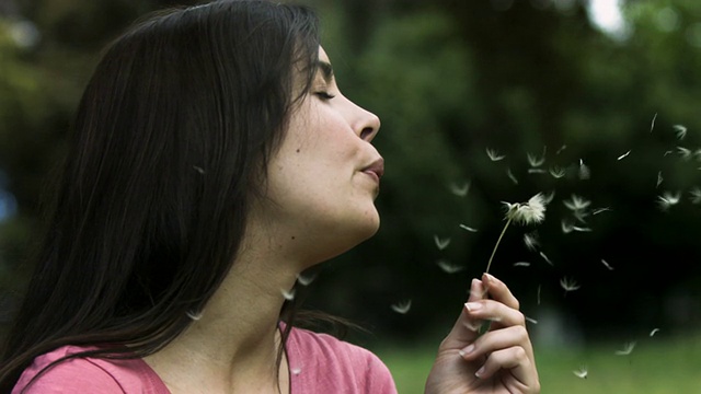 一个女人在慢镜头中吹着蒲公英视频素材