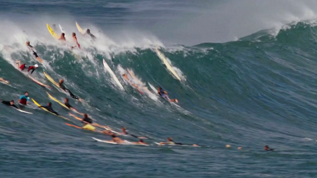 MS PAN冲浪者抹去和人群冲浪者划桨在waimea湾/ Haleiwa，夏威夷，美国视频素材