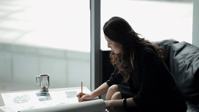 MS Young business woman writing, sitting at coffee table by window/北京，中国视频素材