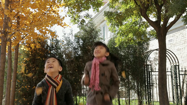 男孩和女孩在公园/中国跳，扔干树叶视频素材