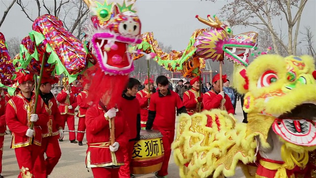 潘小姐在庙会上表演舞龙和民间艺术庆祝中国春节视频素材