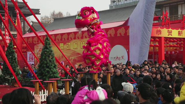 WS中国民间艺人在庙会表演舞狮庆祝中国春节视频素材