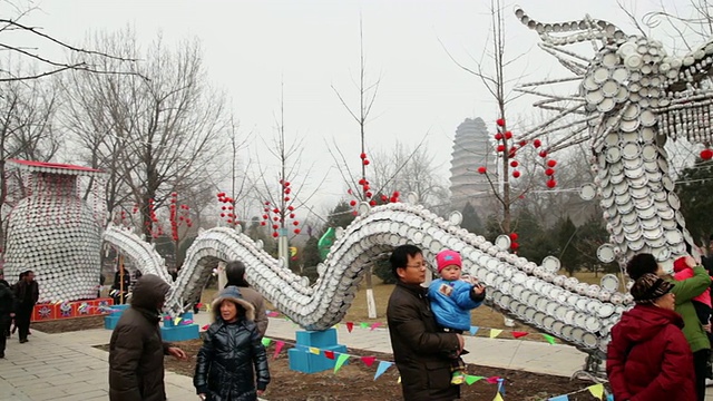 中国陕西西安小雁塔公园，龙形灯笼与瓷盘庆祝春节视频素材