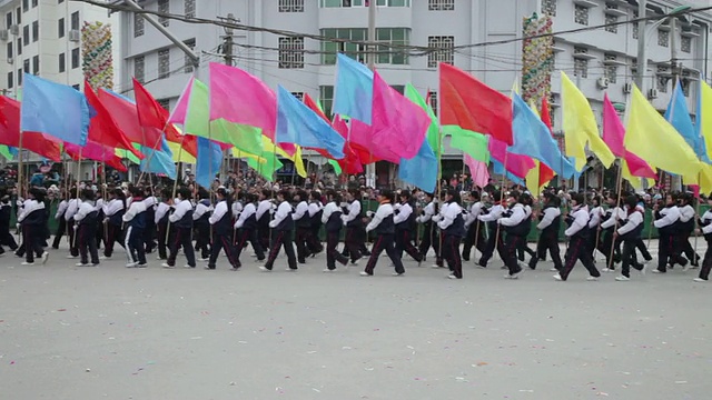 潘小姐同学在中国传统节日民俗庆典或狂欢节上举旗视频素材