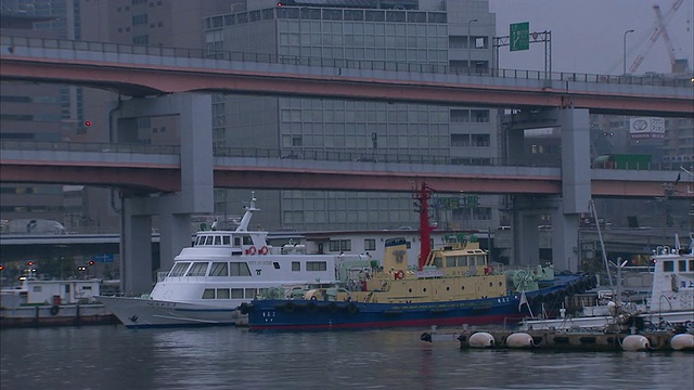 中远镜头手持式-在日本神户的三条高速公路附近，几艘游艇漂浮在水面上。/神户,日本视频素材