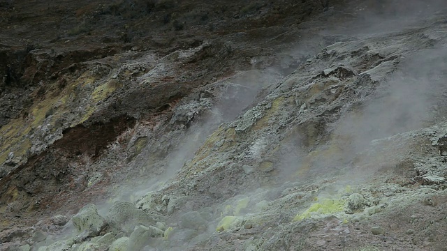 火山国家公园/火山，夏威夷，大岛，美国，硫磺滩，从火山岩中喷出的火山气体，带有黄色、绿色的硫磺晶体和红色的铁矿视频素材