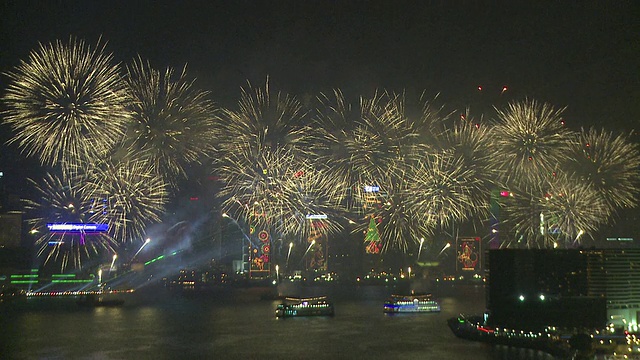 大型烟花和火花雨点落在香港维多利亚港，从尖沙咀，九龙，东亚运动会开幕式烟花表演，2009年12月视频素材