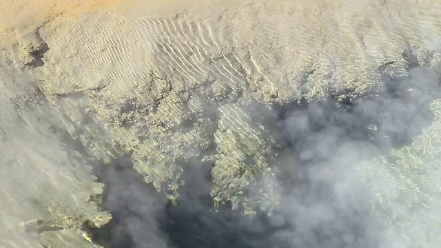 智利阿塔卡马沙漠Geiser del Tatio的间歇泉池，水下有浅棕色的岩石和蒸汽视频素材