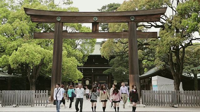 日本东京，成年人和女学生走过明治神社牌坊视频素材