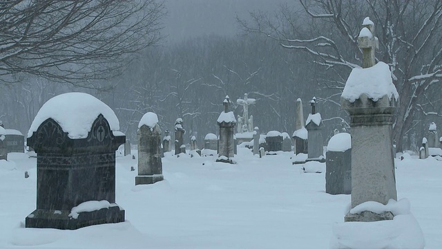 冬季晚上暴风雪中的雪景墓地/ Ellicottville，纽约，加拿大视频素材