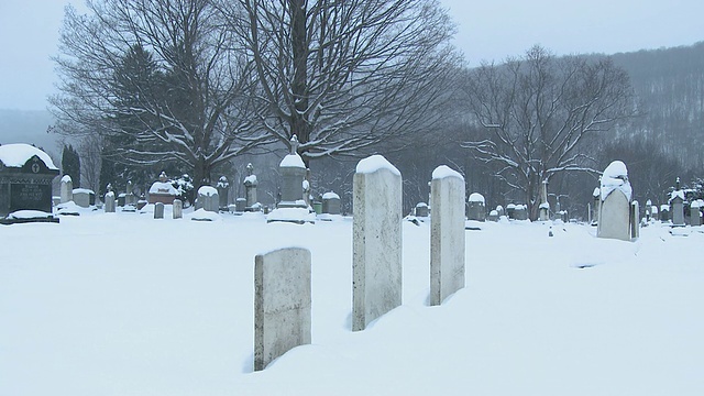 斯诺女士覆盖了在暴风雪/ Ellicottville，纽约，加拿大的墓地视频素材