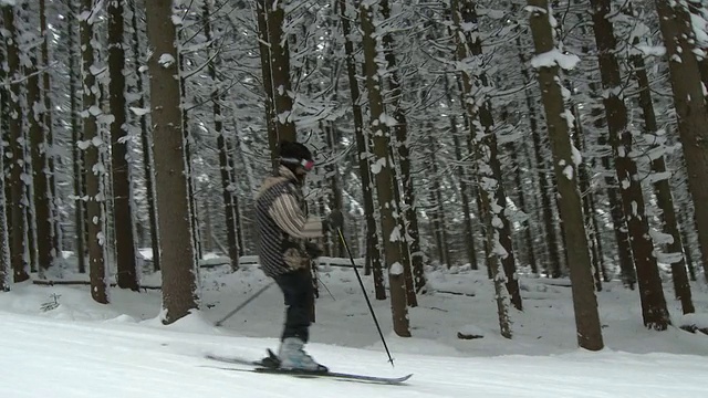 MS POV拍摄的成熟女子滑雪从被树包围的滑雪山上下来/ Ellicottville，纽约，美国视频素材