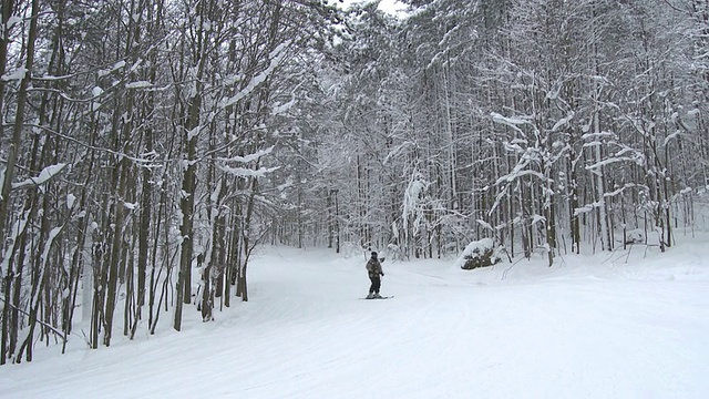 MS POV拍摄的成熟女子在滑雪山顶缓慢滑雪/ Ellicottville，纽约，美国视频素材