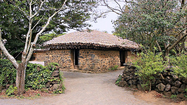 韩国济州岛民村博物馆(Jeju Folk Village Museum / Jeju-do)草屋顶屋的MS Shot视频素材