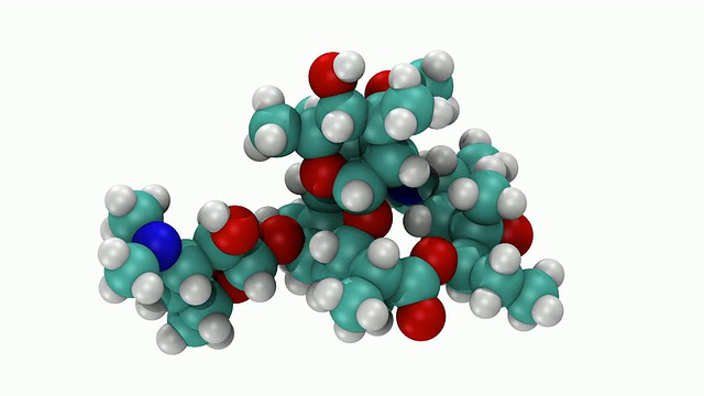 CGI显示了抗生素药物阿奇霉素的三维分子模型的空间填充旋转视频素材