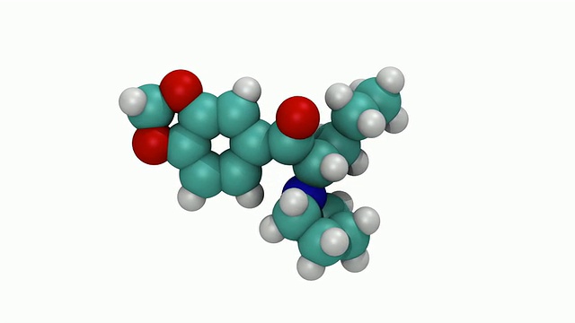 CGI显示空间填充的亚甲二氧吡喃戊酮的三维分子模型，也称为浴盐视频素材