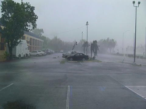 风把雨吹过停车场，非常强烈，平移到商店标志吹，威尔玛飓风，美国视频素材