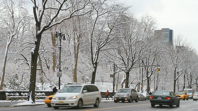 雪中的WS中央公园南西行交通/美国纽约视频素材