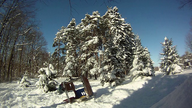 一个年轻人用滑雪板穿过树林，跳过一个玩具屋。-模型发布-高清视频素材