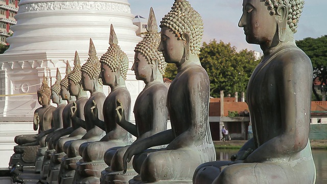 斯里兰卡西部省份科伦坡奴隶岛(Seema Malakaya Temple)上的一排青铜佛像视频素材