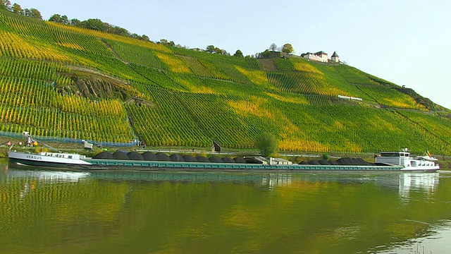 MS在摩泽尔谷拍摄的玛丽恩堡城堡和葡萄园，船只在移动/ PÃ¼nderich，莱茵兰-普法尔茨，德国视频素材