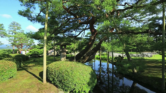 日本石川金泽的日本大花园Kenrokuen, Karasakinomatsu和Kasumigaike视频素材