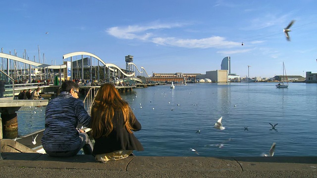 人和海鸥在Marina Pier /巴塞罗那，加泰罗尼亚，西班牙视频素材