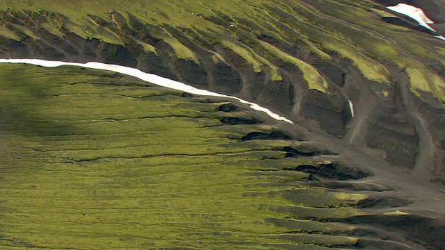 在landmanalaugur /冰岛有雪的山脉的空中山谷视频素材