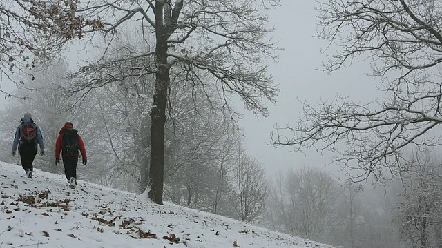 一对夫妇在暴风雪中徒步旅行视频素材